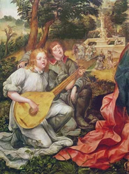 Maagd en Kind met Engelen, detail van Engel Muzikanten, 1536-38